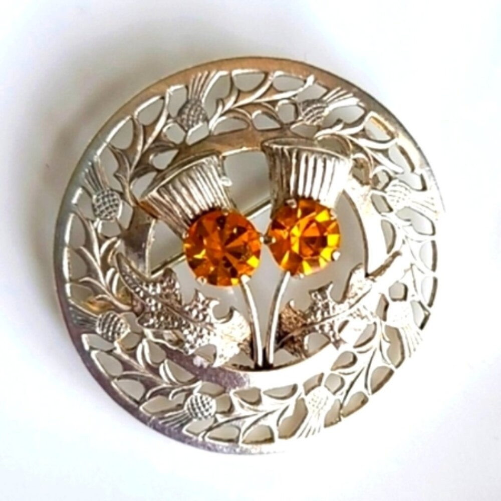 Vintage Scottish Thistle Brooch Sterling Silver Orange Pin Celtic Cottagecore